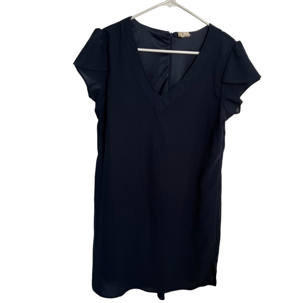 Japna Women's Size Large Sheath Dress V-Neck Short Ruffle Sleeve Navy Blue Lined